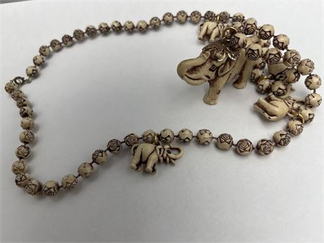 Vintage 70s Bohemian rose beads necklace with elephant, pendant, and lockets