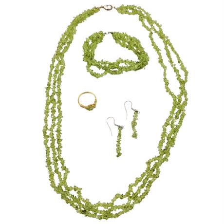 Peridot Beaded Triple Strand Necklace, Bracelet, Dangle Earring and Ring Set