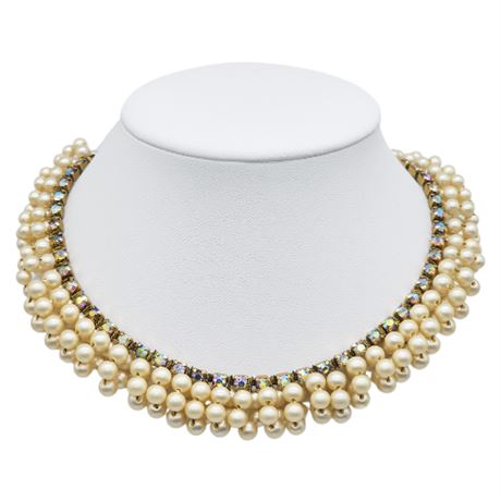 Vintage Aurora Borealis Rhinestone & Faux Pearl Choker Necklace