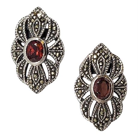 Unmarked Sterling Silver, Marcasite, & Garnet Post Back Earrings