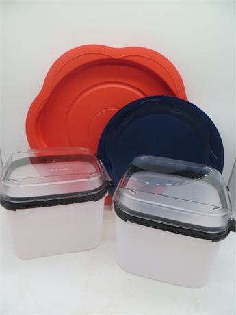 NEW VINTAGE TUPPERWARE EASY OPEN COVER 2 BLACK CONTAINERS, ORANGE LAZY SUSAN