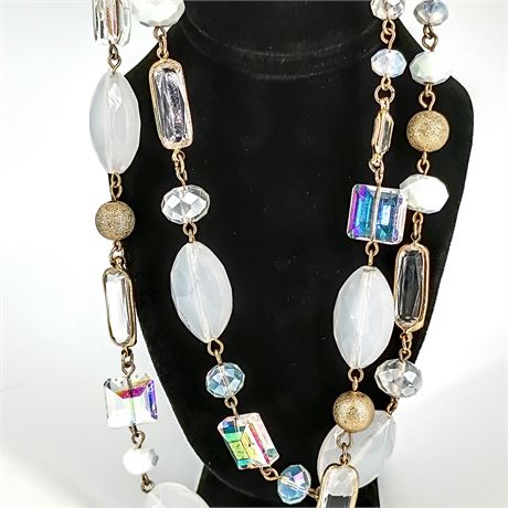 Long Layered Faceted Glass Bead Necklace – Iridescent Clear & Frosted Beads