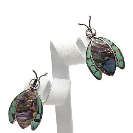 Signed LL Sterling Silver Abalone Insect Screwback Earrings