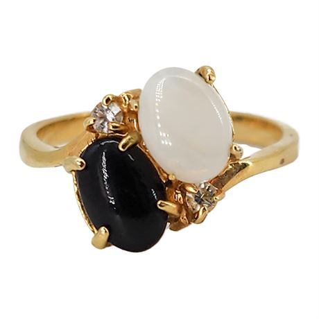 Vtg Genuine Opal, Black Onyx, & CZ Gold Tone Ring, Sz 5