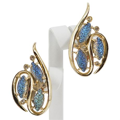 Vintage EMMONS Large Aurora Borealis Textured Glass Navette Clip Earrings