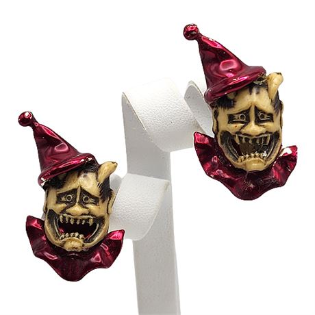 Celluloid Devil Clown Clip Earrings
