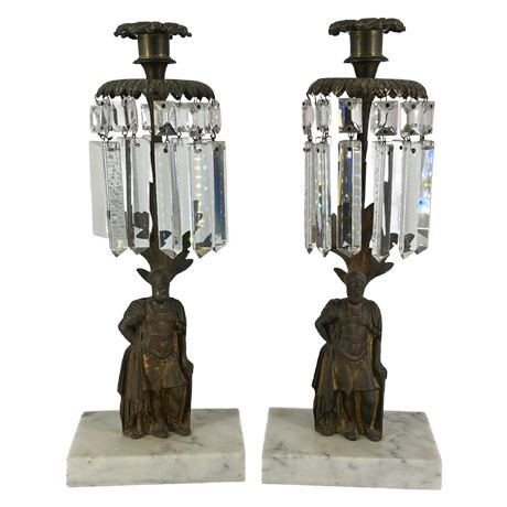 Vintage Pair of Warrior Form Brass Candlesticks with Crystal Prisms