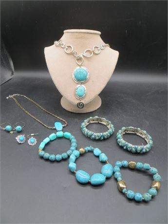 Sparkly Turquoise Necklaces, 5 Bracelets & 2 Sets of Earrings