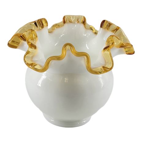 Fenton Milk Glass Gold Crest Ruffled Vase