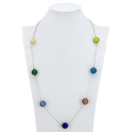 Vtg Sterling Silver Murano Glass Satellite Bead Necklace