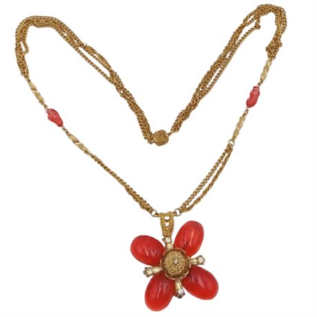 Gripoix gold tone red glass flower necklace