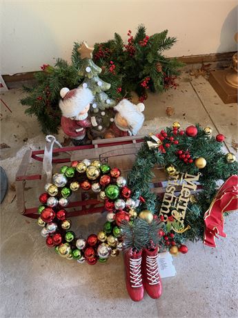 Lighted Wreath, Skates, Santa & Mrs., Garland & Sled