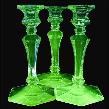 Three Vintage UV Reactive Fostoria Glass Candlestick Holders