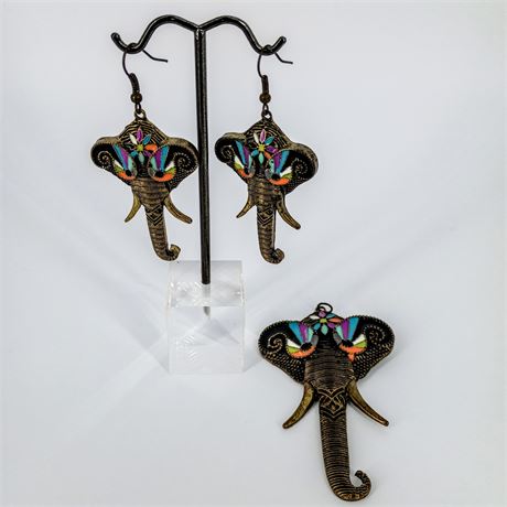Boho Elephant Earrings & Pendant Set – Antique Gold-Tone with Colorful Enamel