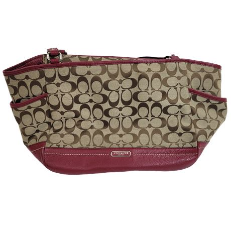 Coach Park Signature Carrie Tote F23297 Shoulder Bag Red and Tan Logo Leather