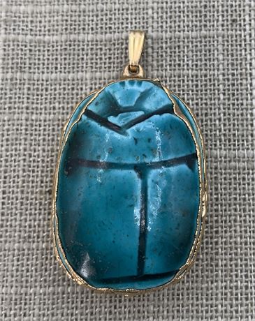 Vintage Egyptian Teal Blue Glazed Pottery Scarab Pendant