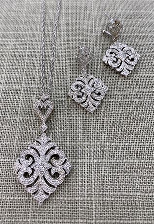 Fine Diamond & Sterling Necklace & Pierced Earrings