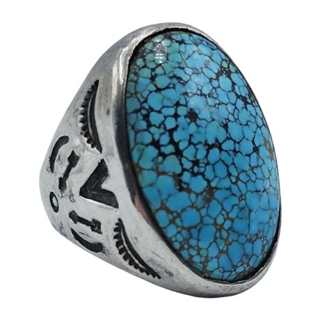 Unsigned Native American Sterling Silver Turquoise Ring, Sz 10