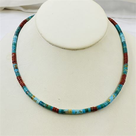 Vtg Southwest Turquoise + Coral Necklace