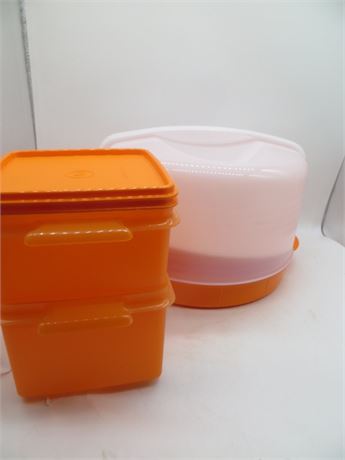 NEW VINTAGE TUPPERWARE COOL CAKE TAKER & 2 SQUARES ORANGE