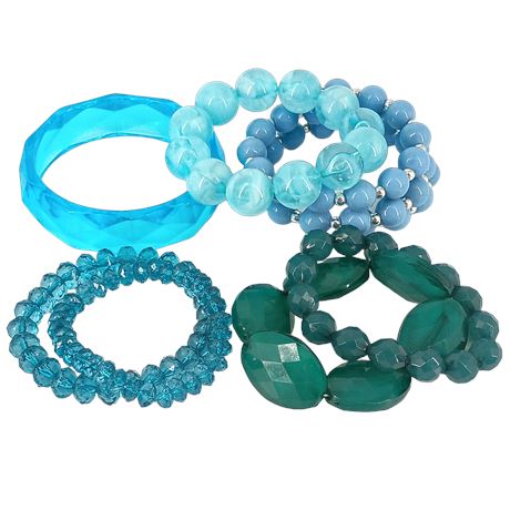 Lot of 6 Blue & Teal Stretch Bracelets — Lucite, Faceted & Beaded Styles