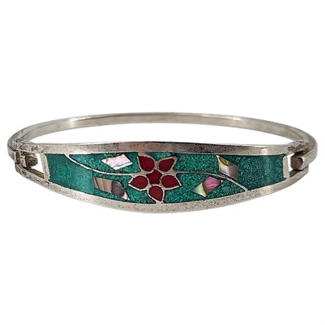Vintage TAXCO Crushed Turquoise Flower Inlay Bangle Bracelet