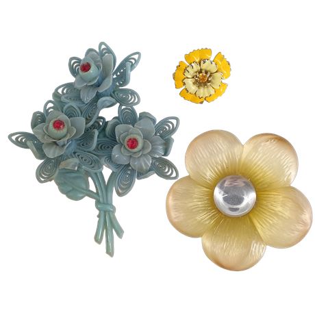 Sunny Garden Bloom Brooch Trio – Lucite, Enamel and Plastic