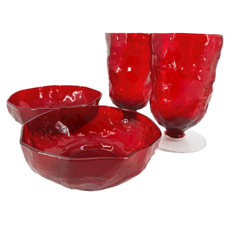 Vintage Morgantown Red Seneca Driftwood Crinkle Goblets & Bowls