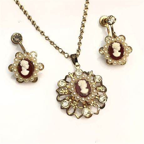 Vintage Cameo Necklace & Earrings Set