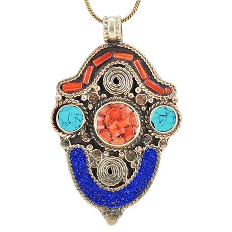 Vintage Tibetan Coral, Turquoise, & Lapis Inlaid Pendant Necklace