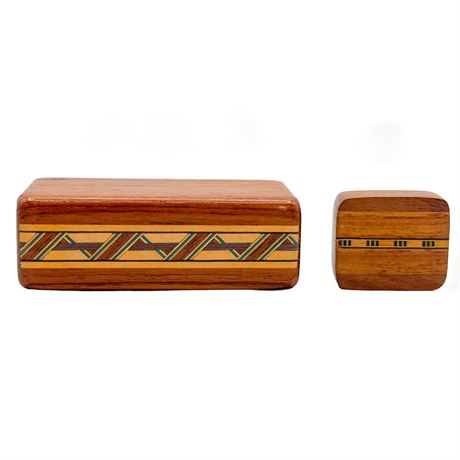 Pair of Inlaid Wooden Trinket Boxes with Hidden Sliding Doors