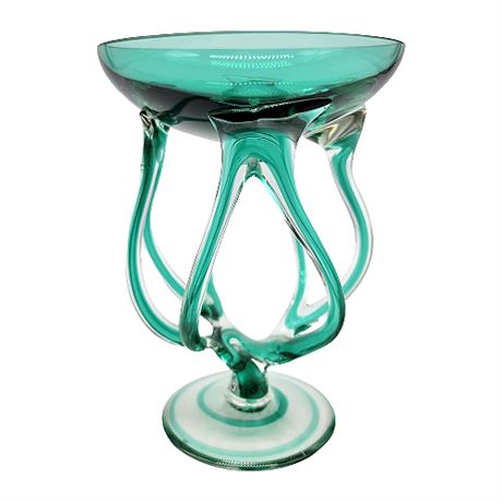 Mid-Century Jozefina Krosno Octopus/Jellyfish Green Art Glass Pedestal Bowl