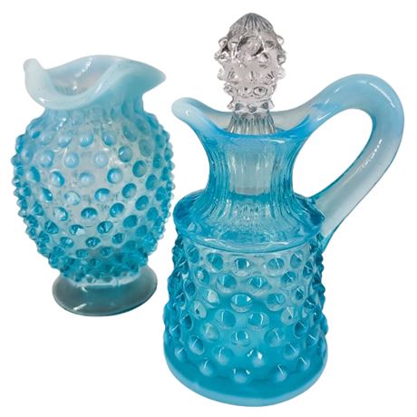 Vintage Fenton Pair Blue Opalescent Hobnail Oil Cruet and Bud Vase