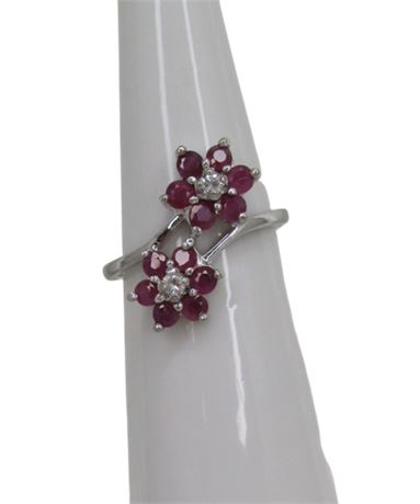 925 Sterling Silver Gemstone Double Flower Ring Signed NF Size 6