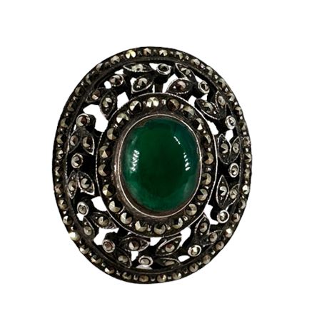 Sterling Silver Green Onyx and Marcasite Ring