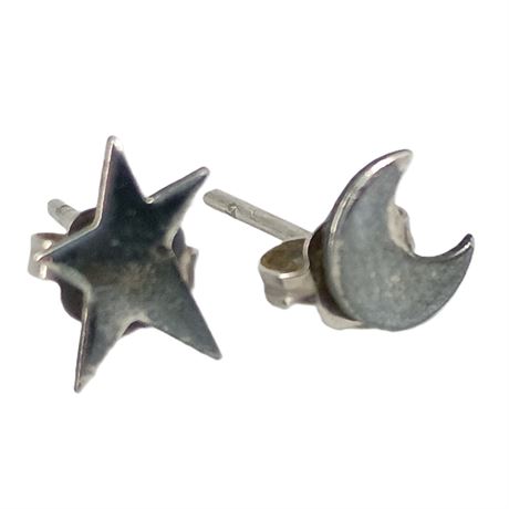 Silver Crescent Moon and Star Studs