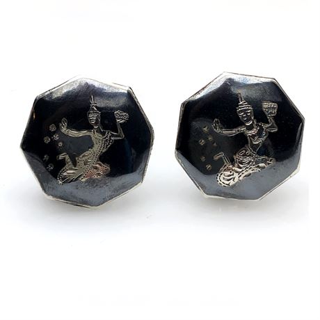 Vintage Siam Niello Enamel Thai Goddess Sterling Silver Hexagon Earrings