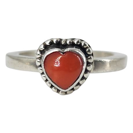 Sterling Silver Red Coral Heart Ring, Sz 6.25