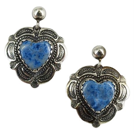 Signed QUOC Sterling Silver Sodalite Heart Post Earrings, New in Box