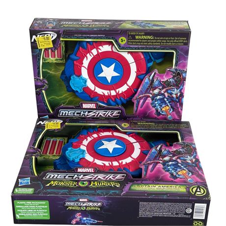 Two (2) Mavel MechStrike Monster Hunters Captain America Monster Blast Shield