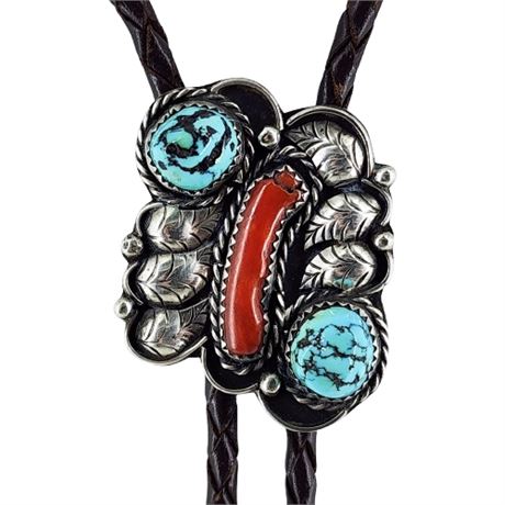 Vintage Native American Sterling Silver, Turquoise & Coral Bolo Tie