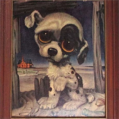 VTG 1960's Gig "PITY PUPPY" Big Eye Sad Pup Framed Lithograph Print #218