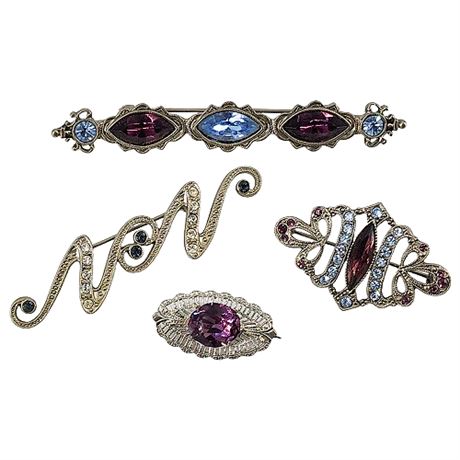 Four Vintage Purple/Ice Blue Rhinestone Brooches