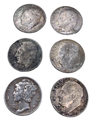 6 Silver Mercury & Roosevelt Dimes