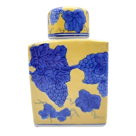 Yellow & Blue Grape Motif Chinoiserie Ceramic Jar w/ Lid