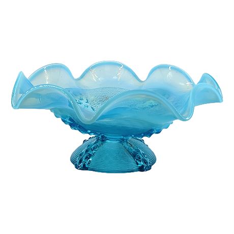 Northwood Blue Opalescent Button Panel Ruffled Edge Footed Bowl