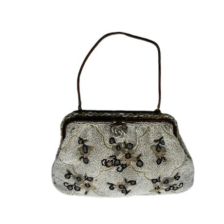 Vintage White Beaded Purse with Pink & Blue Flowers