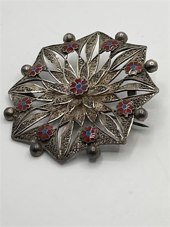 Vintage filigree silver enamel flower Signed brooch