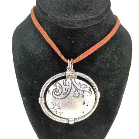 Coldwater Creek Two-Tone Etched Medallion Pendant Necklace – Suede Cord