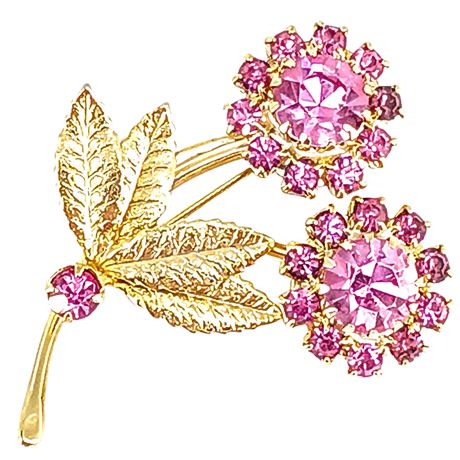 Vintage Gold Tone Pink Rhinestone Floral Brooch
